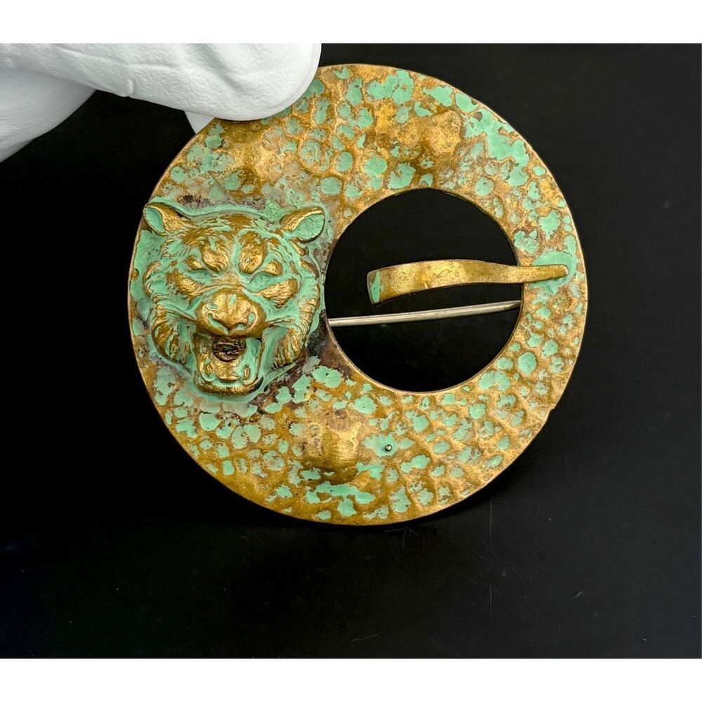 Antique JHP Arts & Crafts Hand Wrought Hammered Bronze Tiger Patina Brooch Pin X